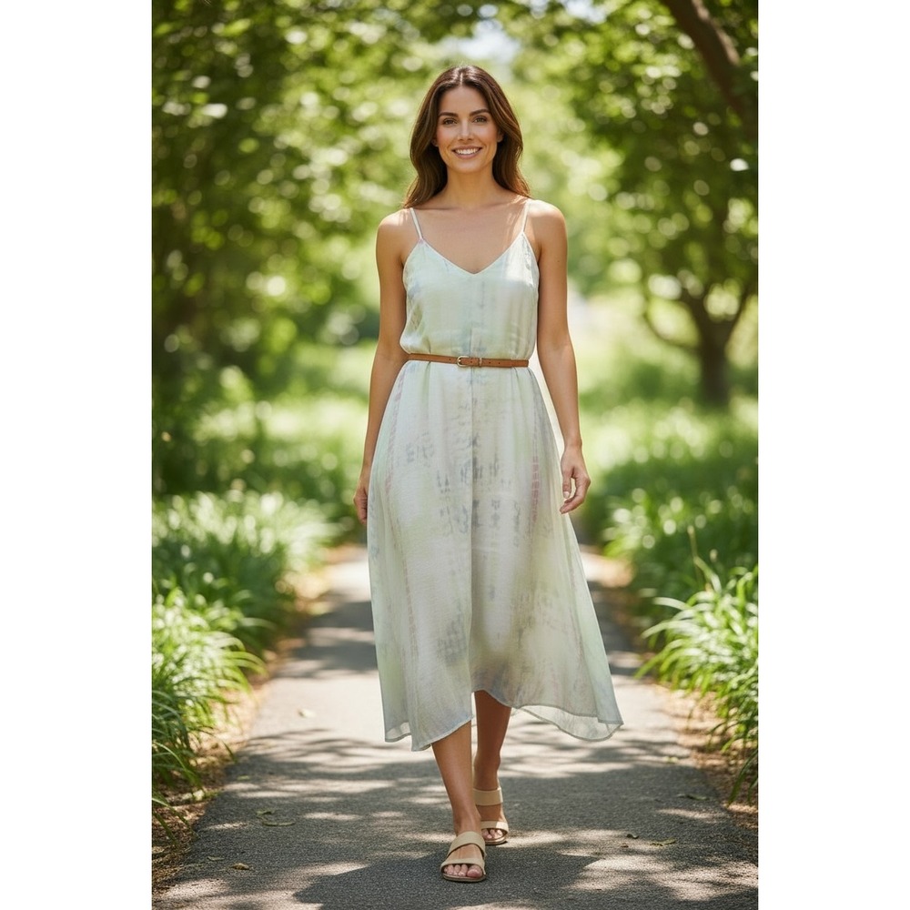LACAUSA Tie Dye Crinkle Gauze Midi Dress Small Empire Waist Boho Made in LA-USA